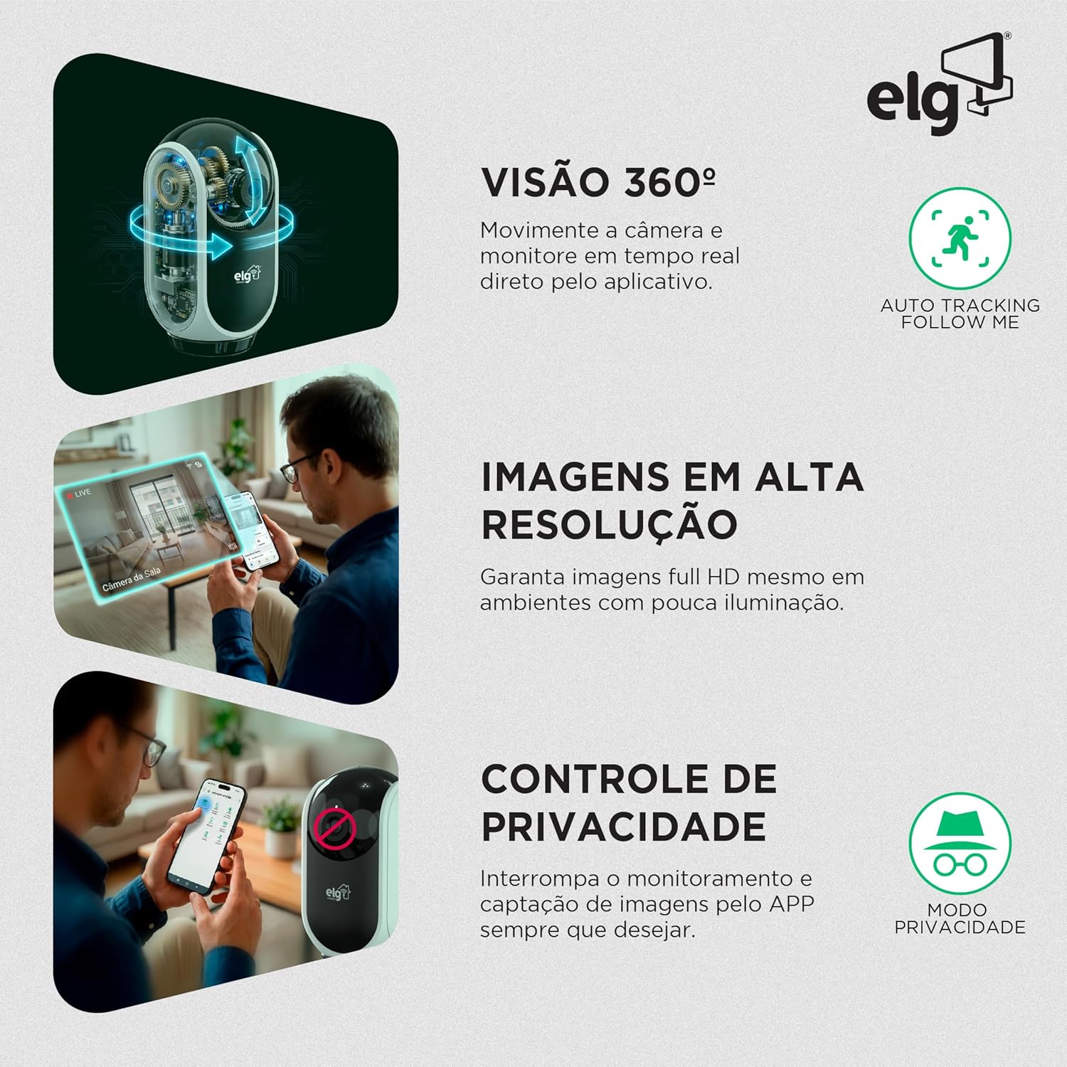 Ajuda a comunicar recursos funcionais da câmera, especialmente o monitoramento inteligente e a mobilidade do cabeçote.