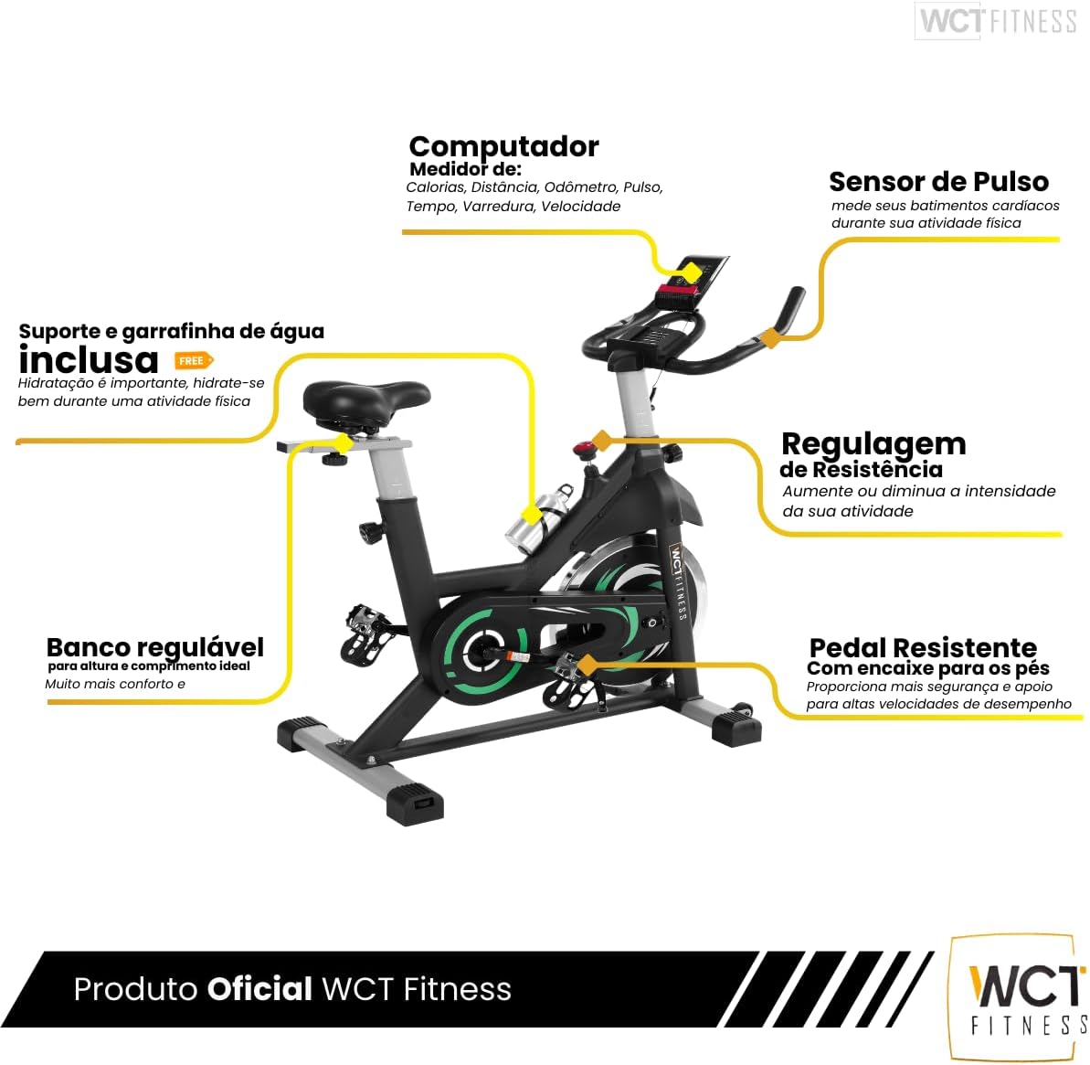 Mostra a bike no contexto de treino em casa, ajudando a reforçar praticidade e adequação ao ambiente doméstico.