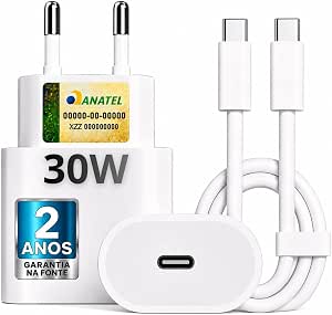 Carregador Turbo 30W Compatível Iphone 15/16/17-16 Pro, 16 Pro Max Iphone 15 Plus 15 Pro 15 Pro Max, Galaxy - Todos Android Entrada Tipo-C + Cabo Reforçado USB-C - Fast Power