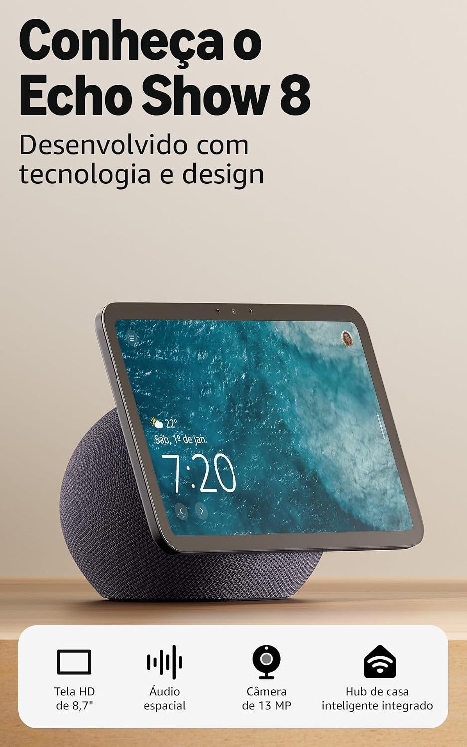 Amazon Echo Show 8 (Geração Mais Recente) - com Novo Design, Tela Vibrante Hd de 8,7", Áudio Espacial e Alexa, Cor Grafite, com Acesso Antecipado À Alexa+