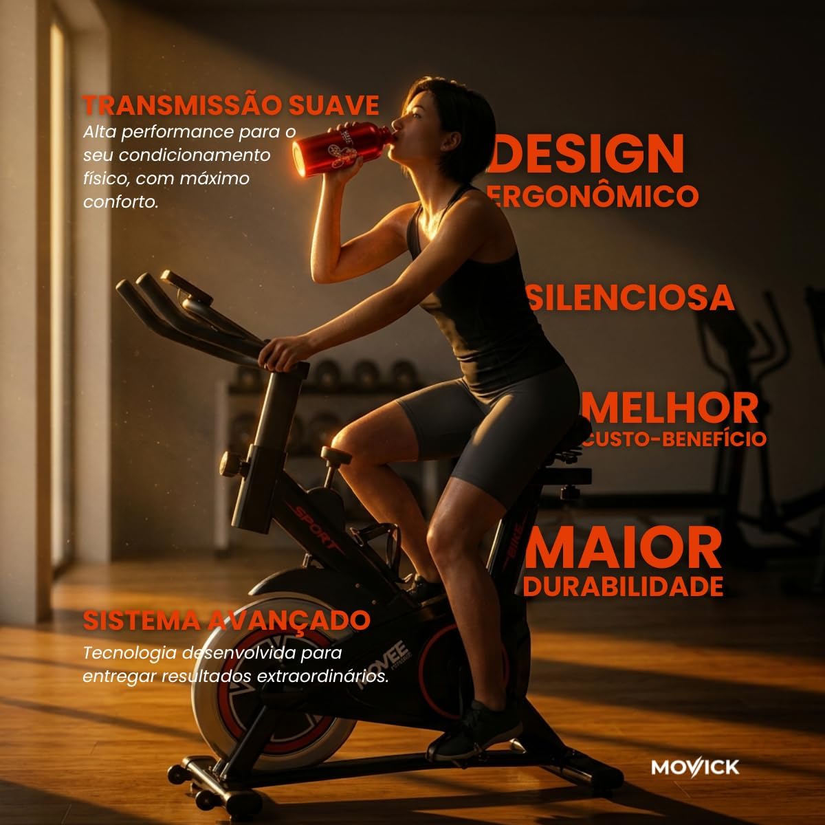 Ajuda a visualizar como a bicicleta ocupa espaço e como fica em ambiente doméstico.