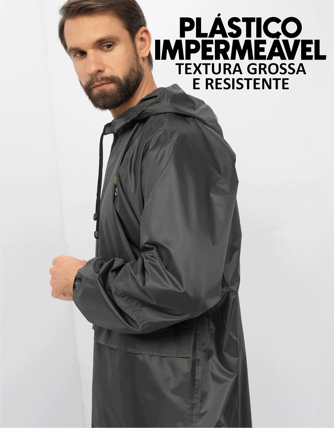 Ajuda a reforçar a percepção de resistência e acabamento da capa de chuva.