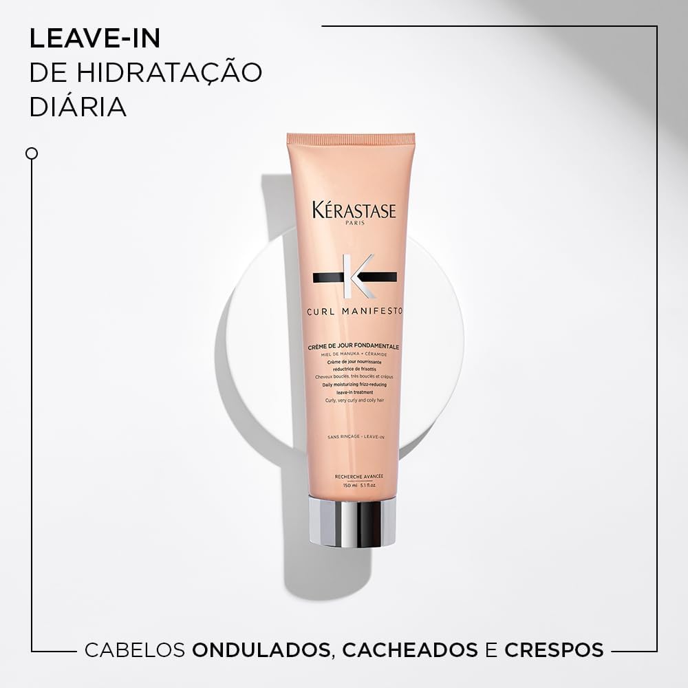 Detalhes do frasco e leitura da apresentação premium do leave-in.