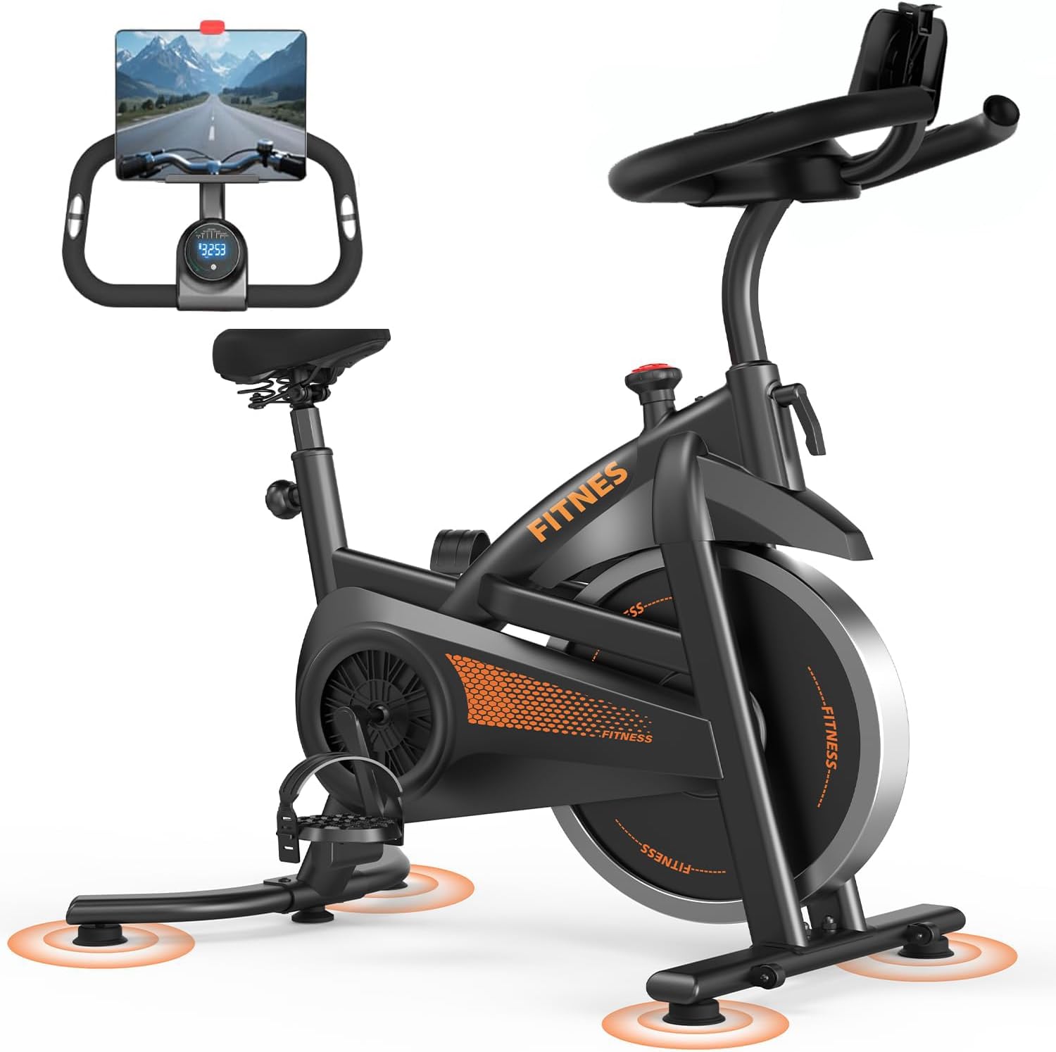 Bicicleta Ergométrica - Bicicleta de Exercício Estacionária com Monitor Lcd & Suporte para Tablet, Bike Spinning Silenciosa para Treino Em Casa, Assento e Guidão Ajustáveis, Suporta Até 150Kg