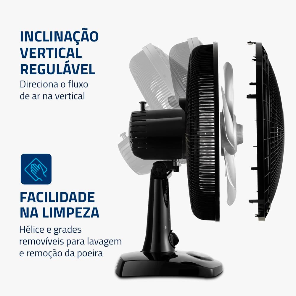 Destaca as 6 pás e o sistema de circulação de ar, úteis para argumentar sobre desempenho.