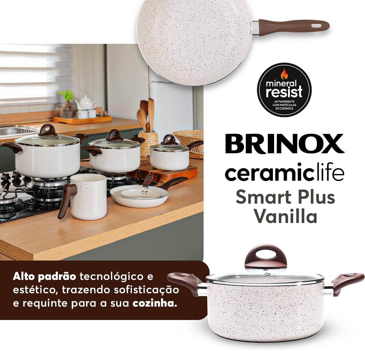 Ajuda a visualizar o conjunto em uso real e como ele se integra à cozinha.