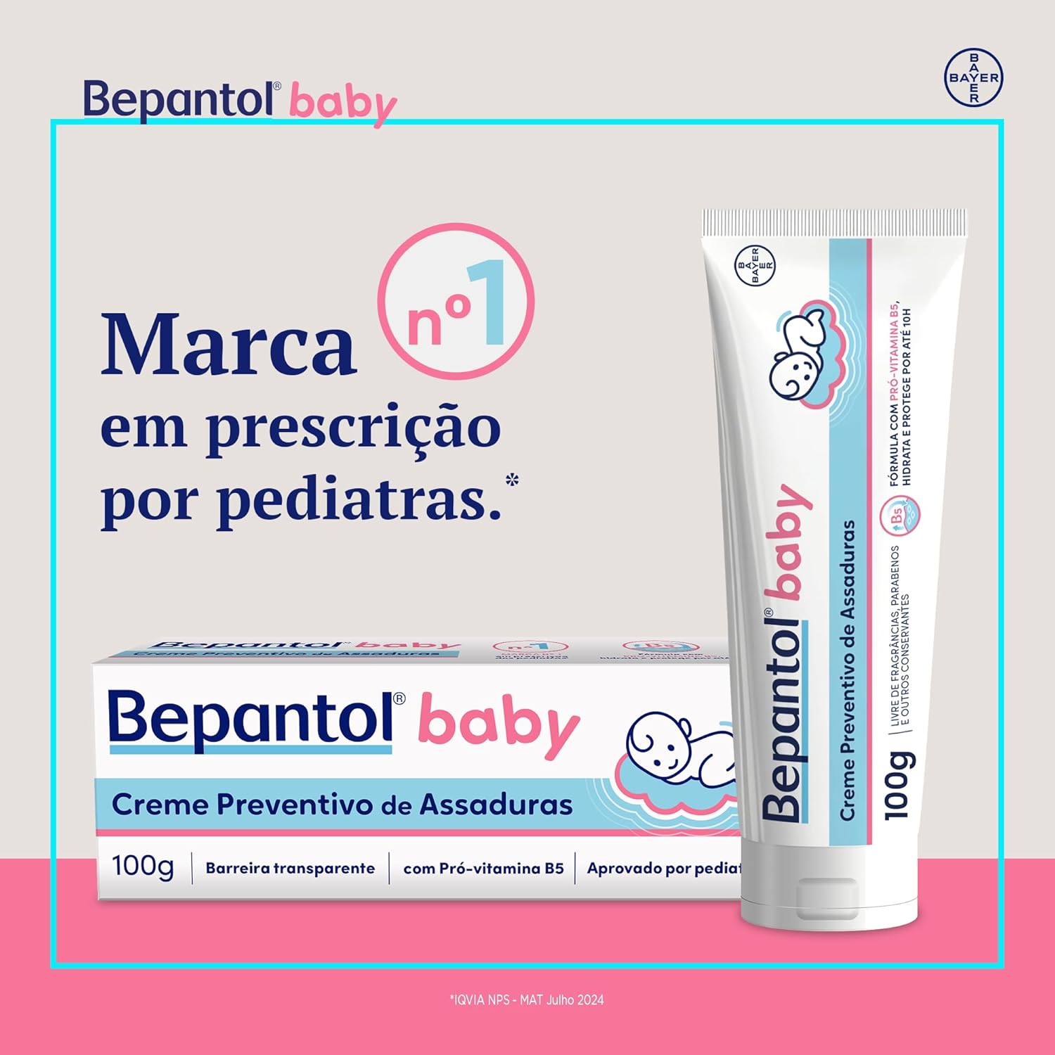 Destaca atributos importantes como fórmula, uso infantil e indicação antiassaduras.