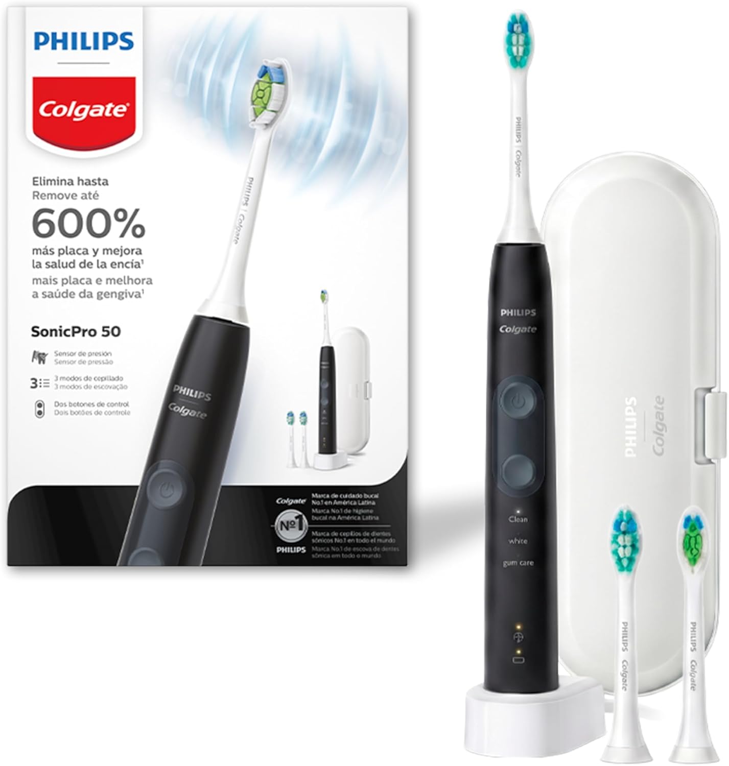 Philips Colgate Escova de Dente Elétrica Sonicpro 50, Remove 600% Mais Placa, Gengivas 100% Mais Saudáveis, Recarregável, 3 Cabeças, Estojo de Viagem, Bivolt