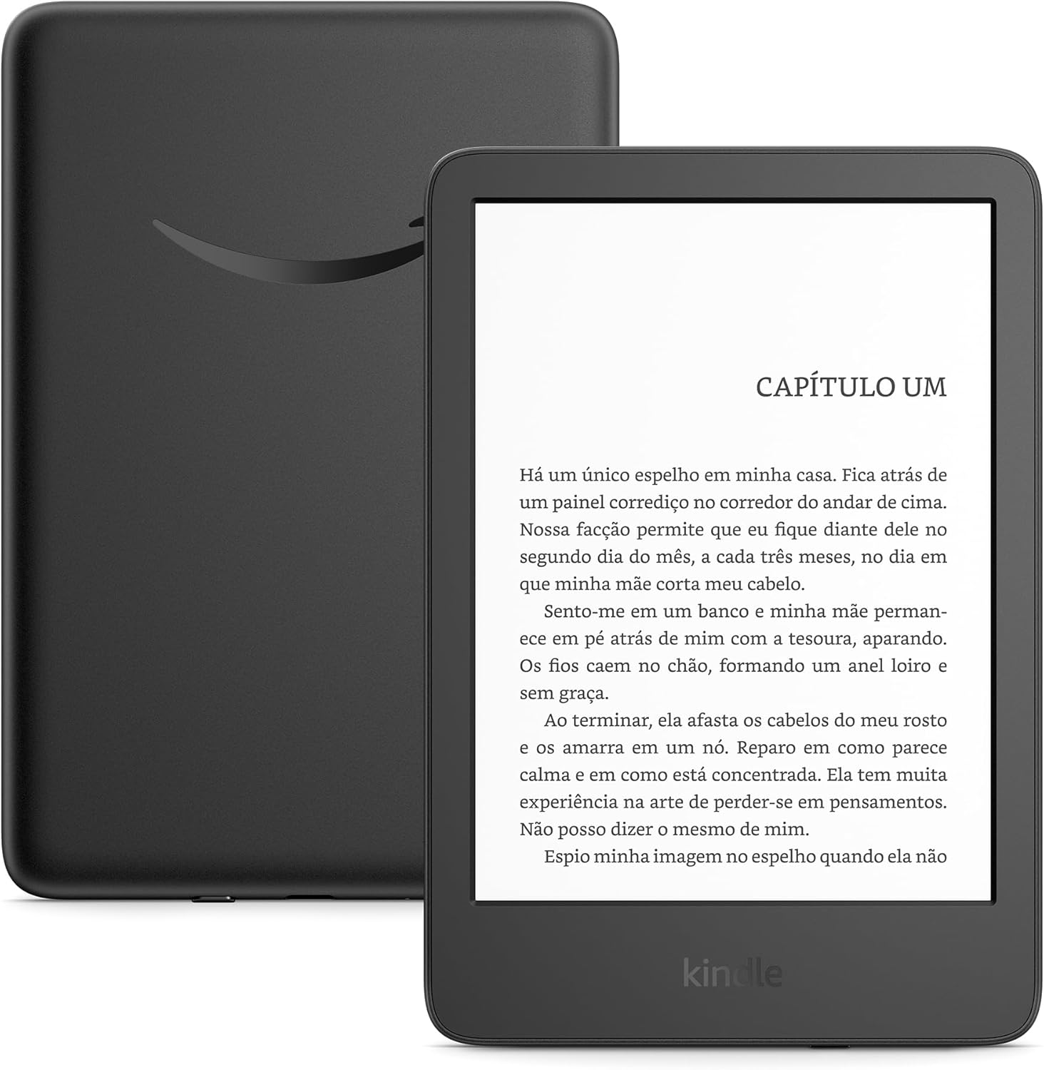 Ajuda a evidenciar a tela de 6" e o formato portátil do leitor digital.