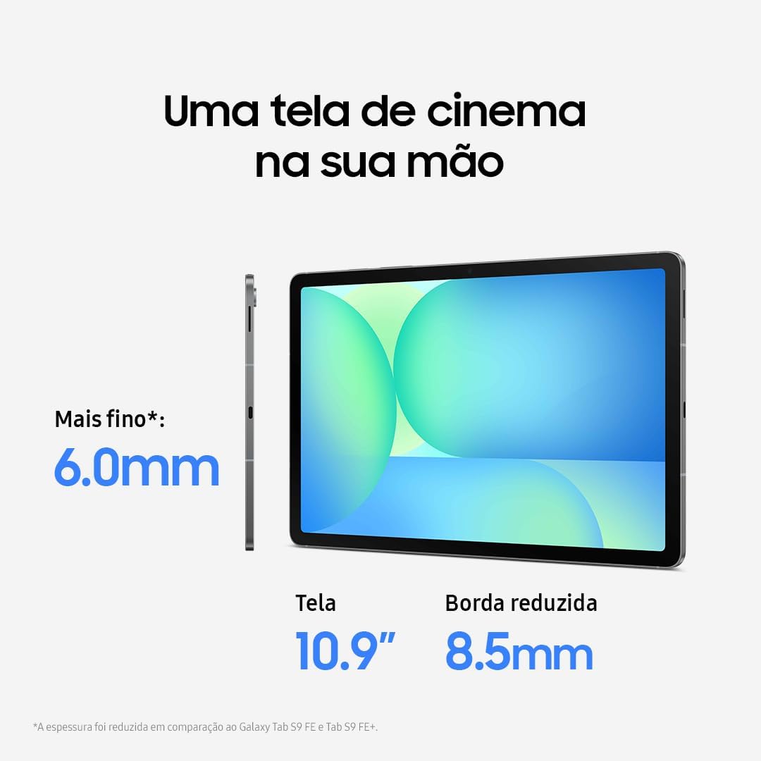 Destaca o perfil físico do aparelho, útil para comunicar portabilidade e construção elegante.