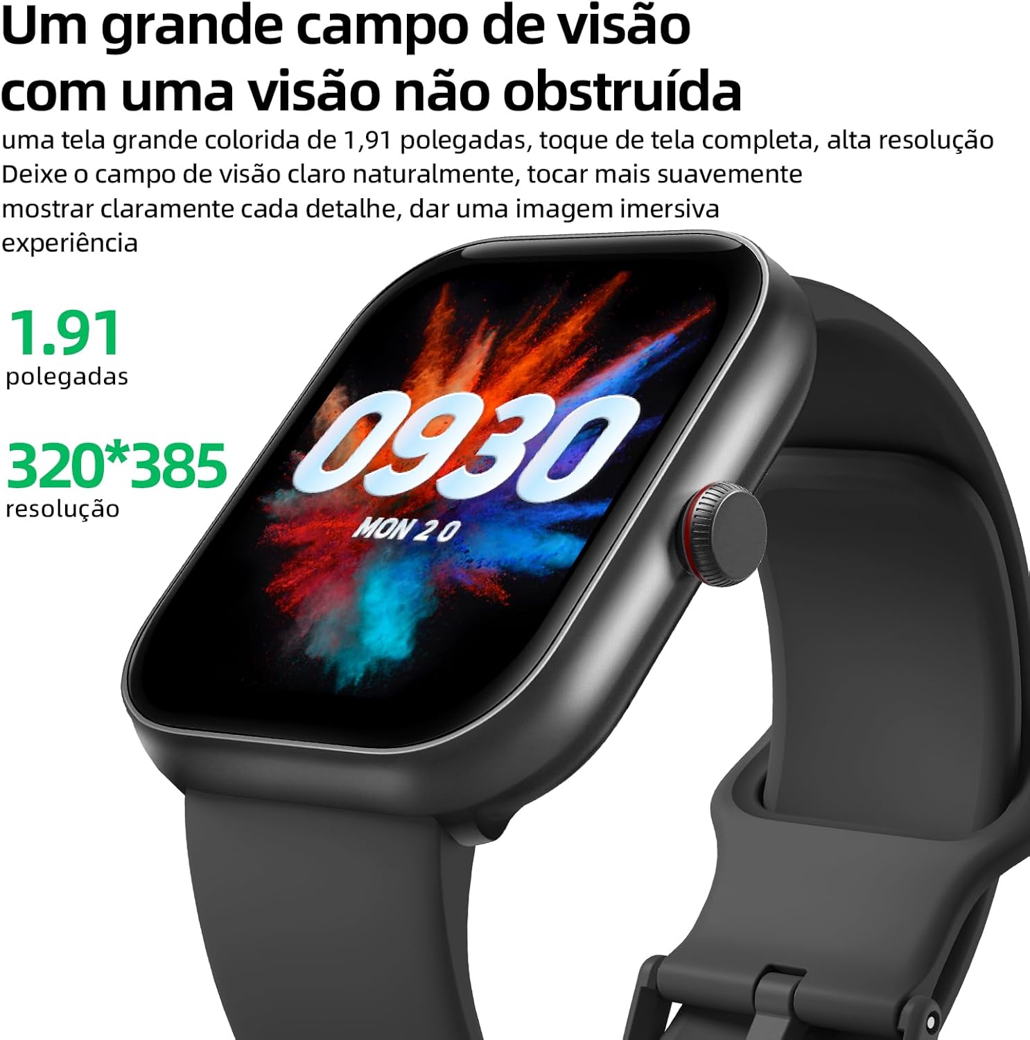 Ajuda a reforçar a ideia de smartwatch voltado para rotina, notificações e conectividade Bluetooth.