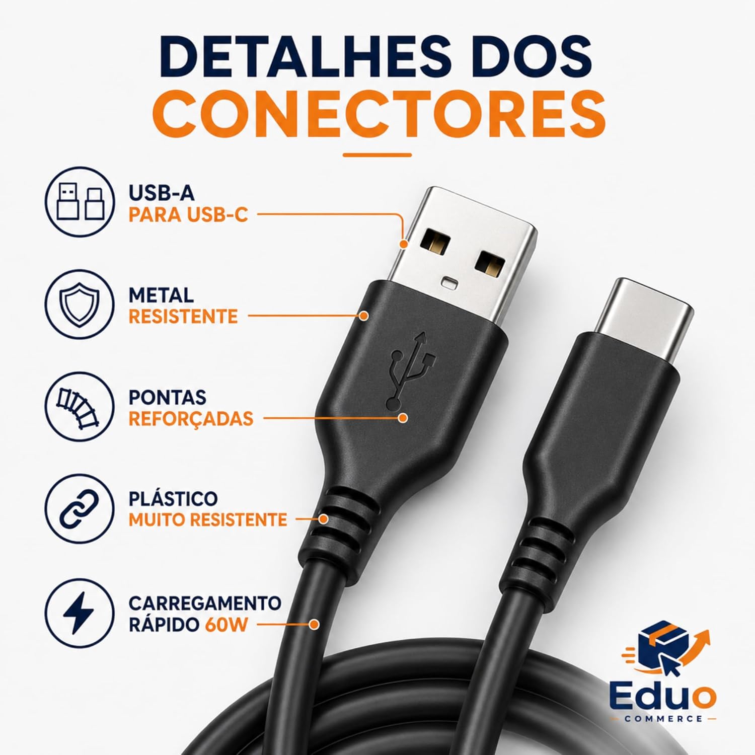 Durabilidade, construção reforçada e acabamento do cabo.