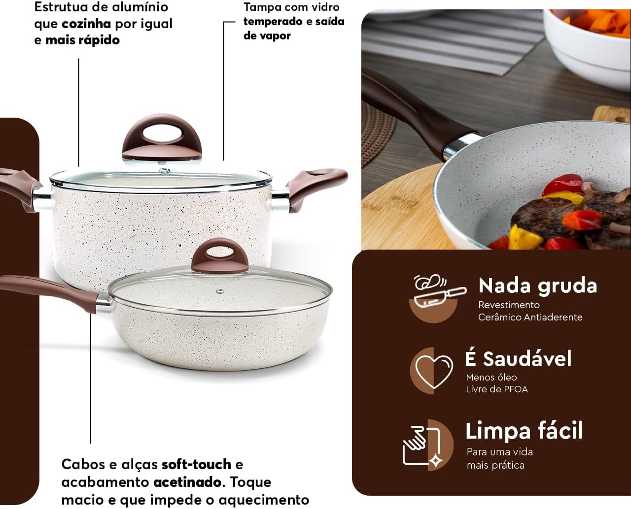 Reforça as tampas de vidro temperado, a saída de vapor e os cabos Soft-Touch.