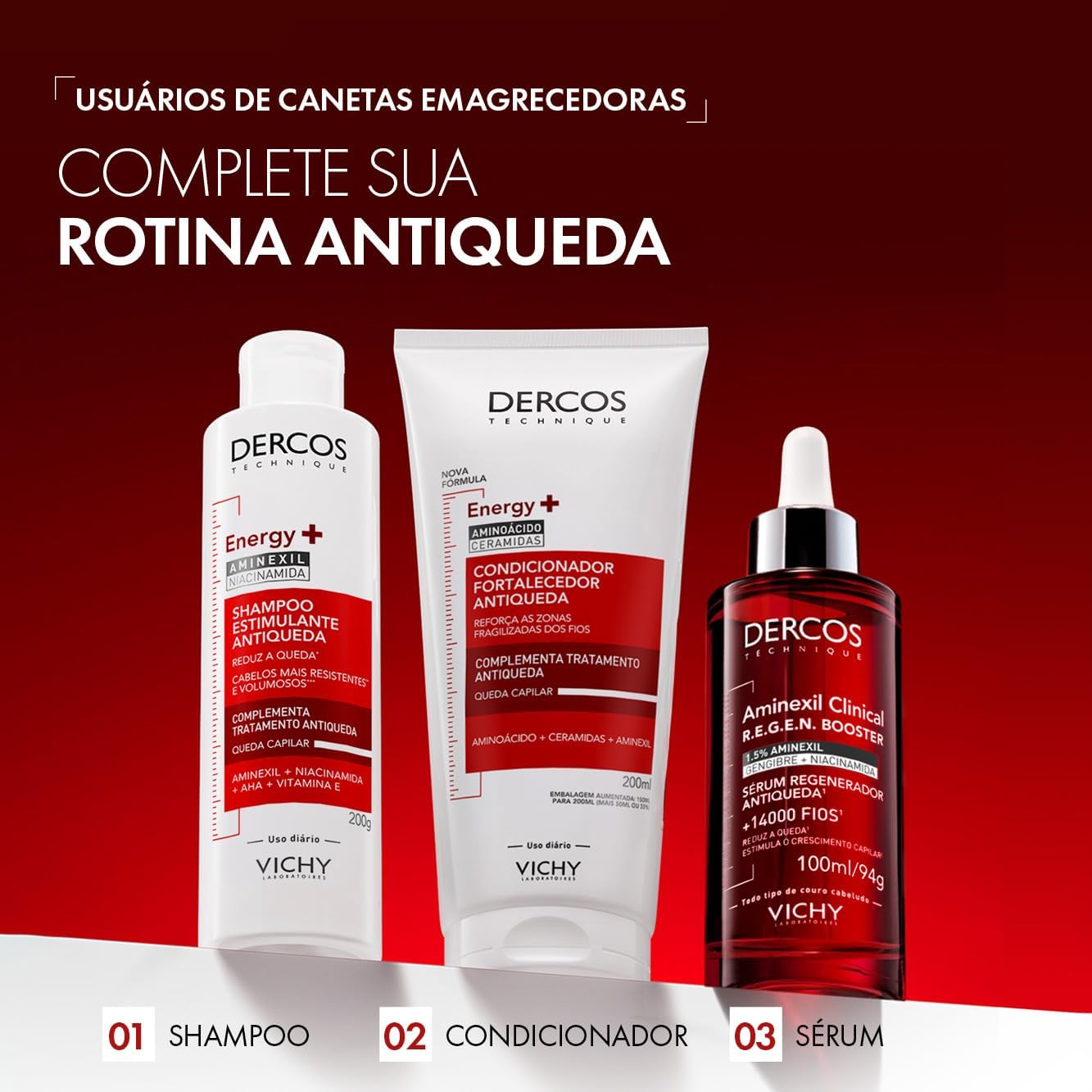 Concentra a mensagem de resultado esperado e posiciona o shampoo como solução de tratamento.