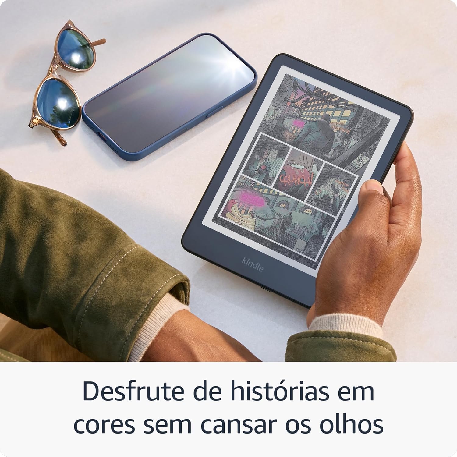 Demonstra como o produto se comporta no dia a dia e contextualiza o conforto de leitura.