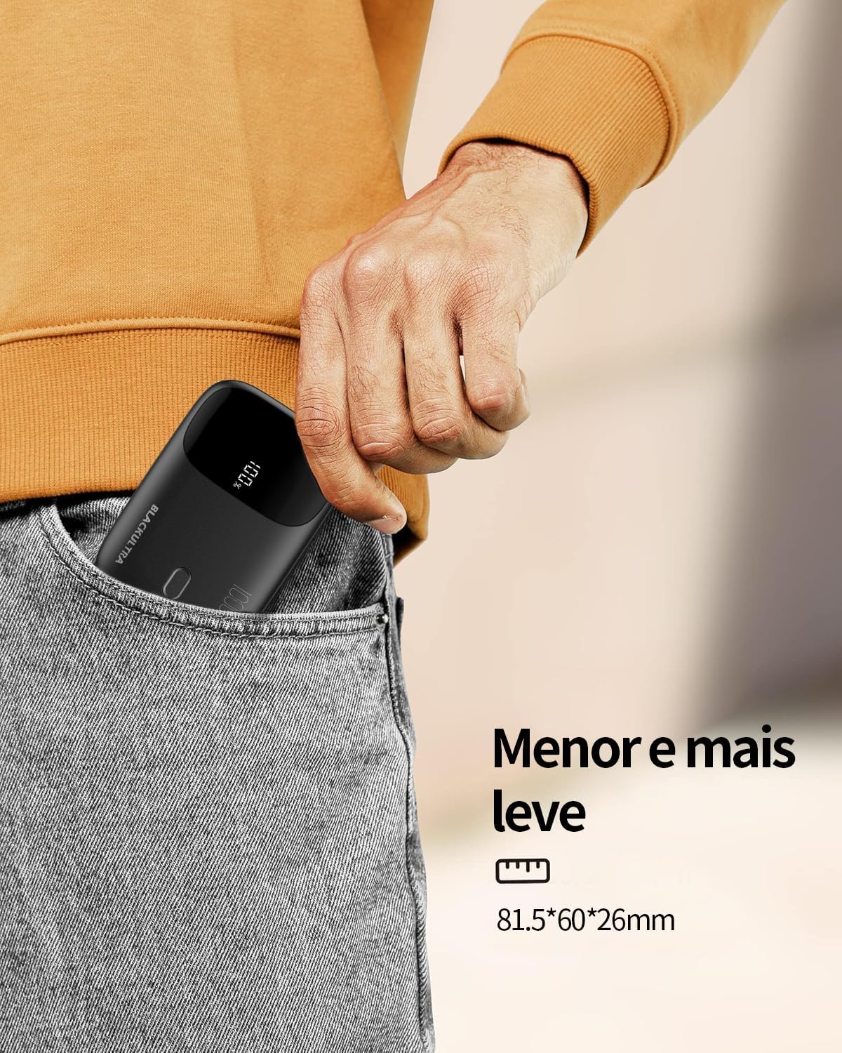Destaca o formato compacto e a espessura reduzida, reforçando a promessa de portabilidade.