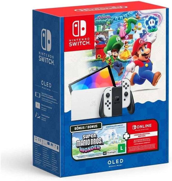 Apresenta o pacote completo e reforça imediatamente que não é só o console: há jogo e assinatura inclusos.