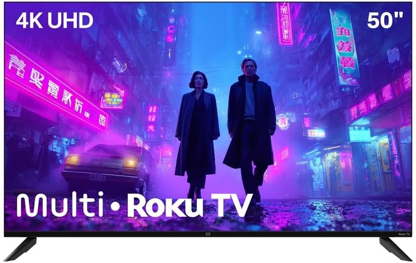 Apresenta o produto como um todo e comunica rapidamente o formato de 50 polegadas com proposta de smart TV 4K.