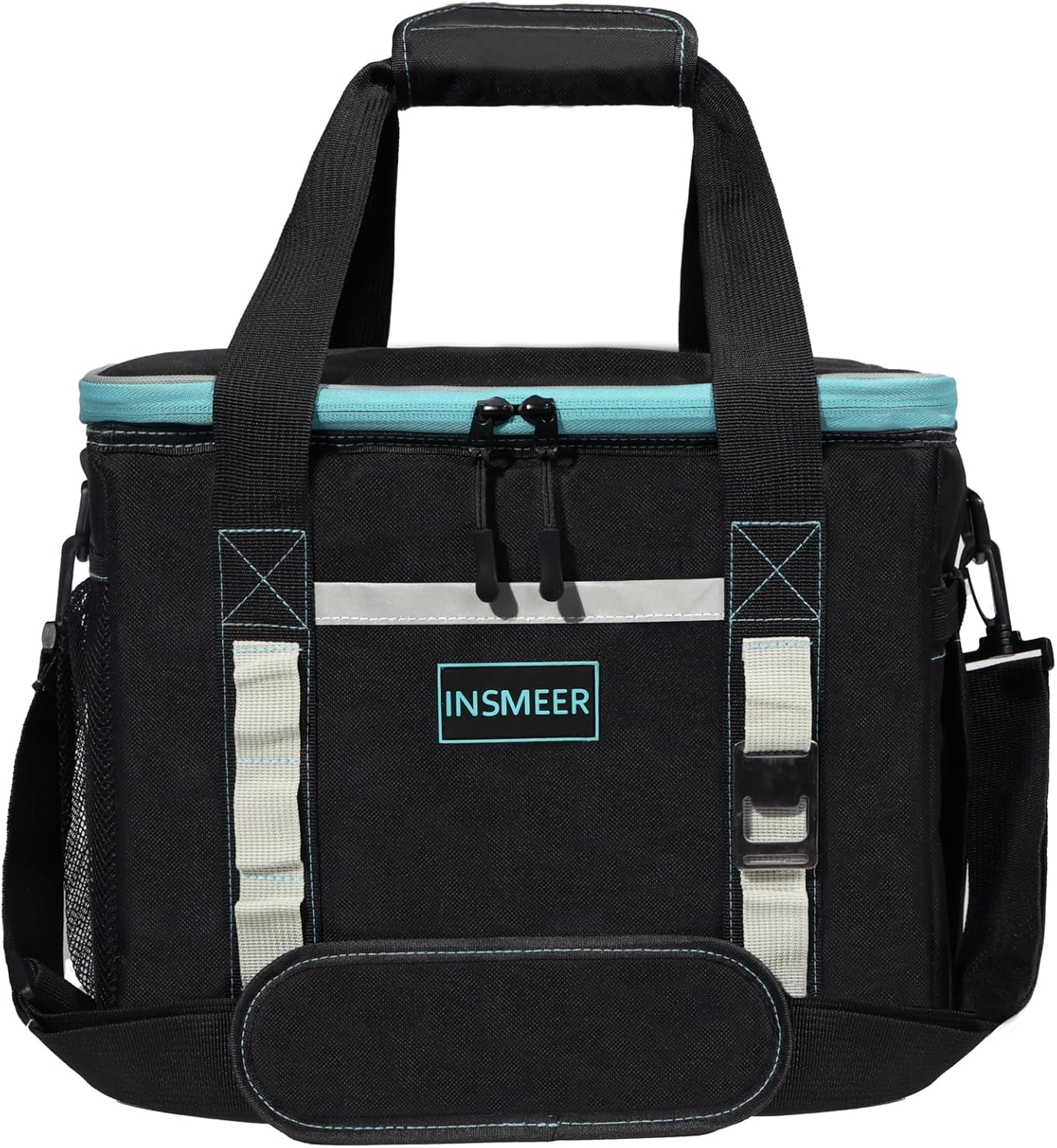Apresenta o visual geral, cor, tamanho e posicionamento como bolsa térmica grande para uso externo.