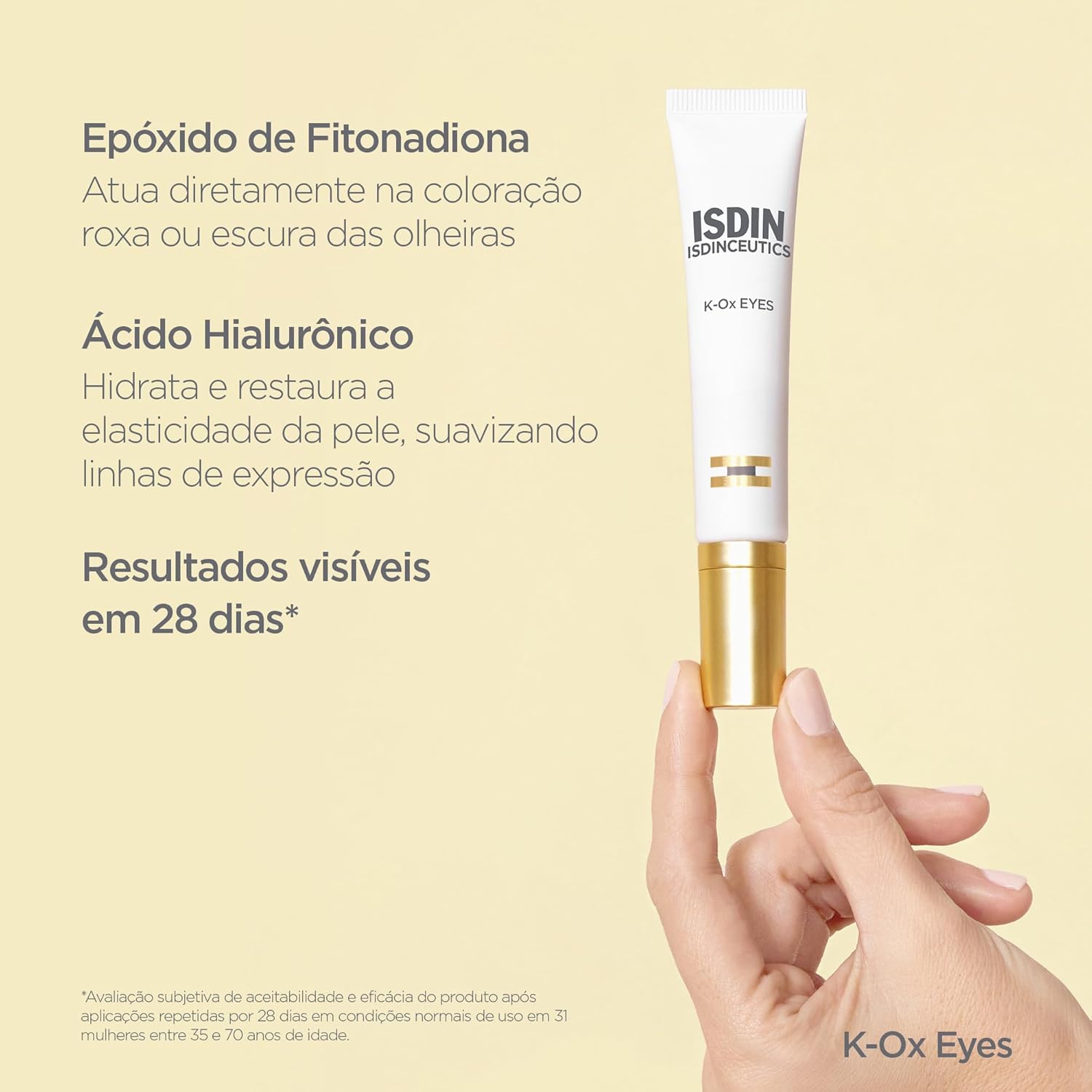 Detalhes visuais que reforçam qualidade, formulação e foco em uso no contorno dos olhos.