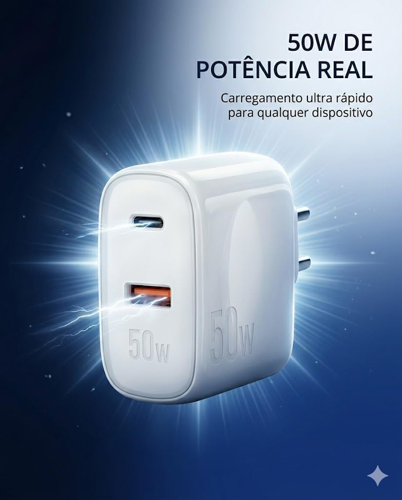 Destaca o design do corpo do carregador e a percepção de compactação e acabamento.