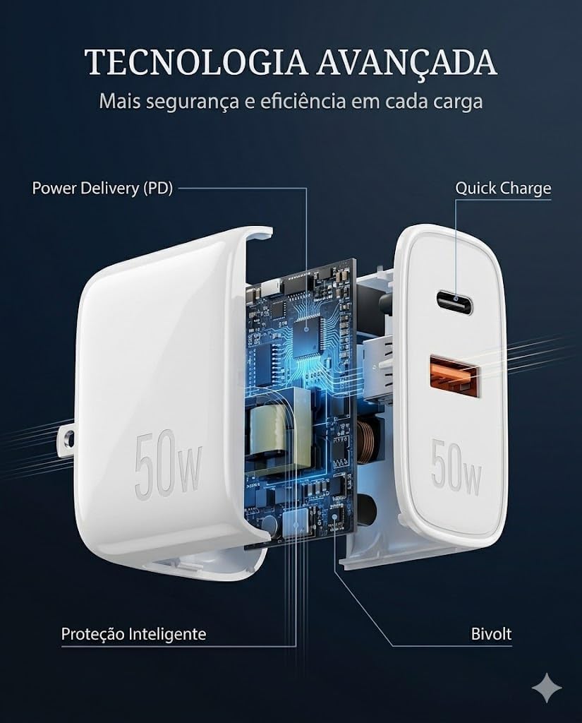 Serve para comunicar os principais argumentos de venda: 50W, PD/QC e homologação.