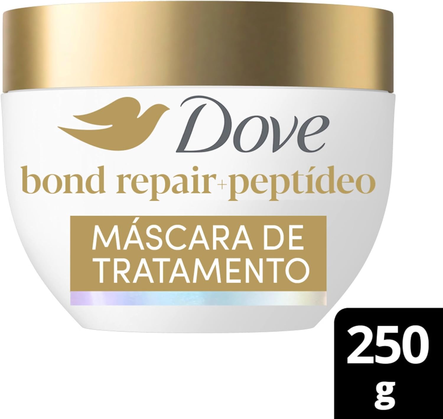 Destaca nome do produto, marca Dove e posicionamento de tratamento/reconstrução.