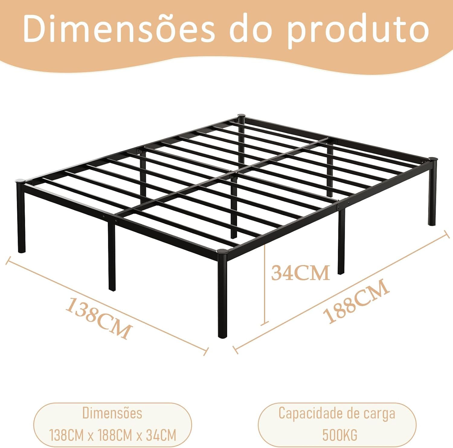 Destaca a construção em metal, o suporte do colchão e a sensação de robustez.
