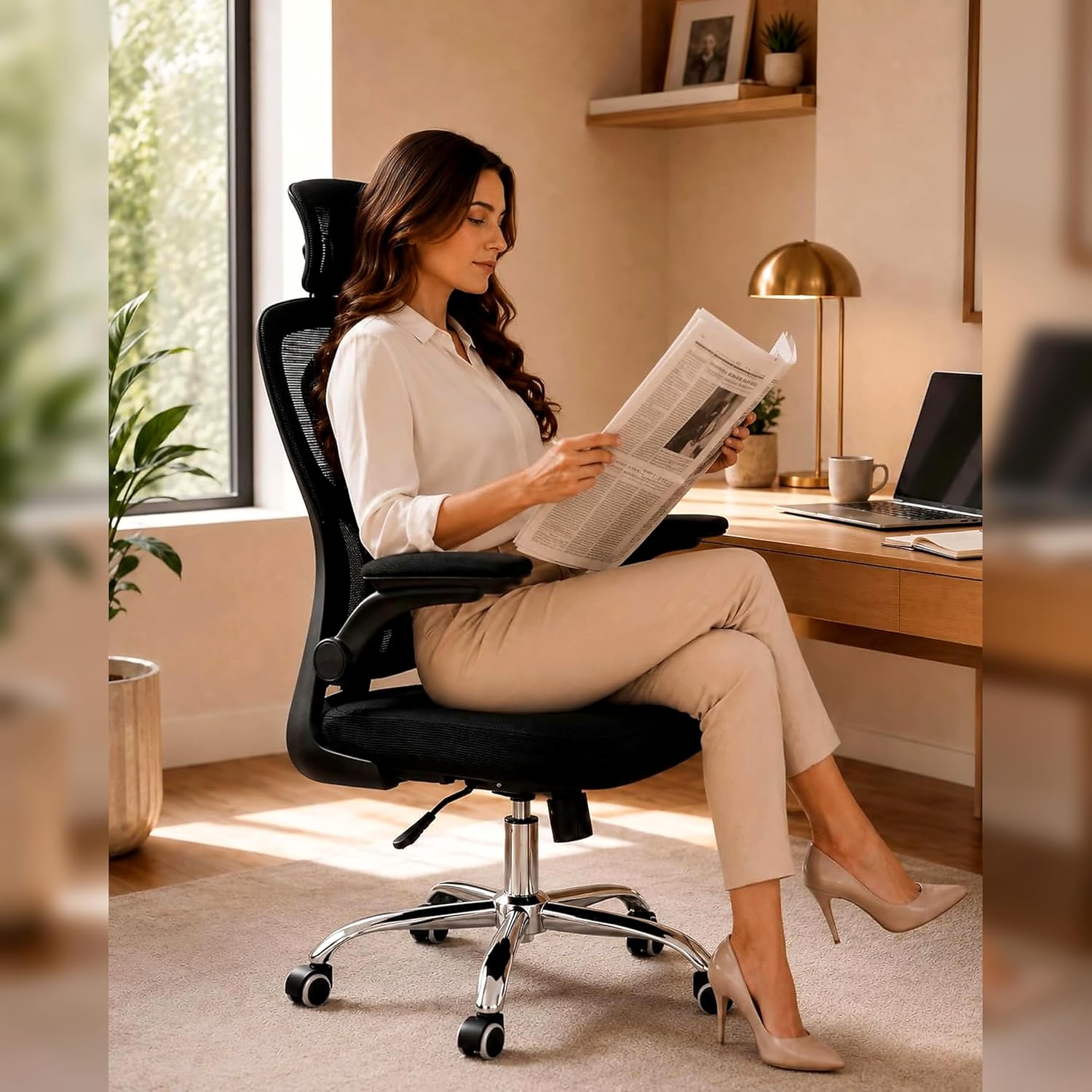 Ajuda a perceber proporções, inclinação do encosto e desenho ergonômico do conjunto.