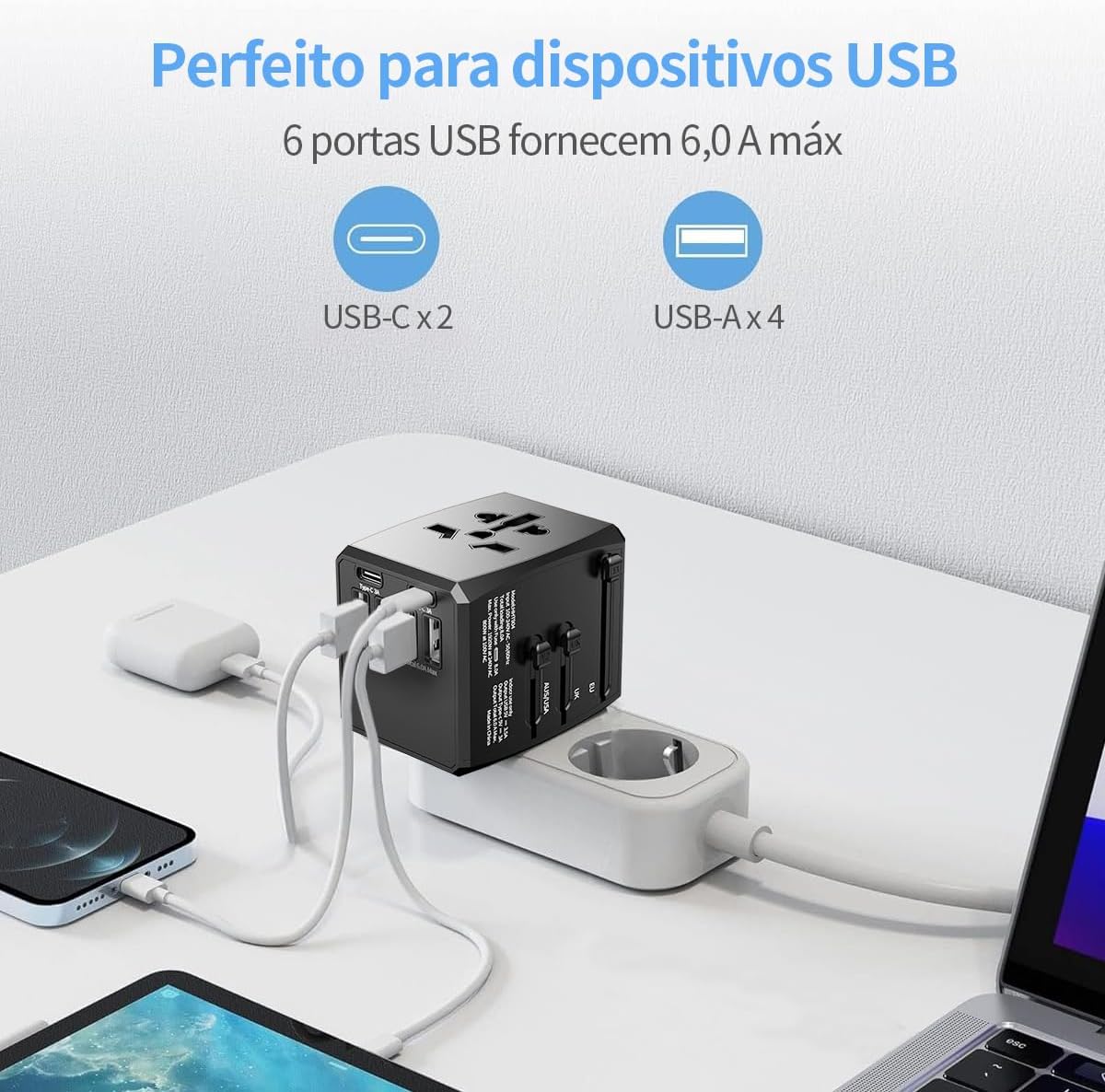 Destaca a capacidade de carregar vários dispositivos simultaneamente e a variedade de conexões.