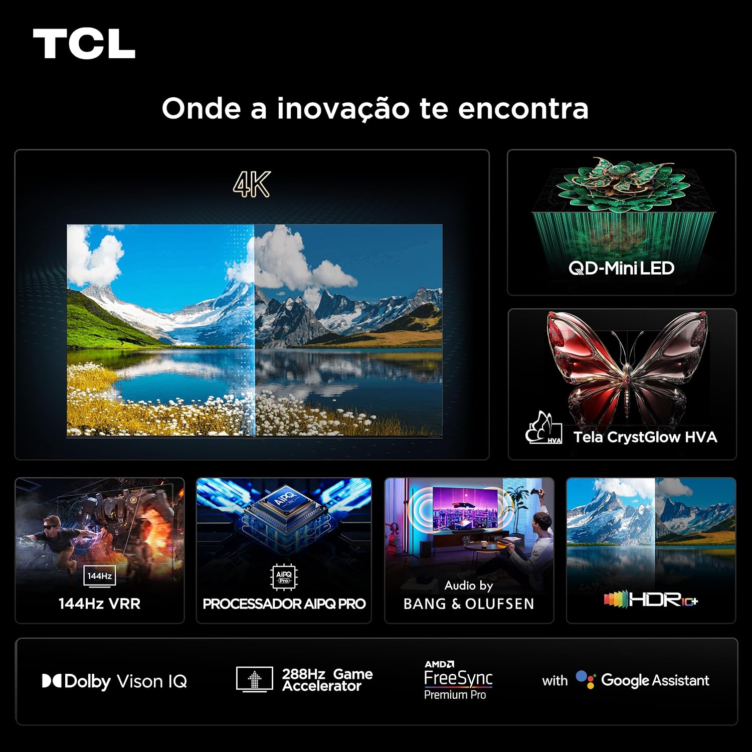 Comunica os diferenciais de painel Mini LED, brilho e contraste superior.