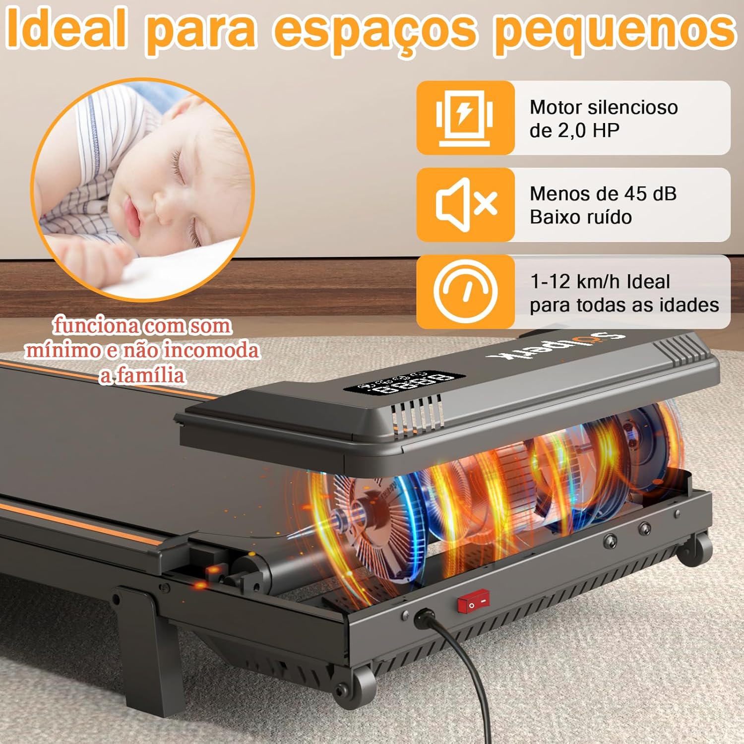 Evidencia dimensões, perfil de armazenamento e ergonomia visual do equipamento.