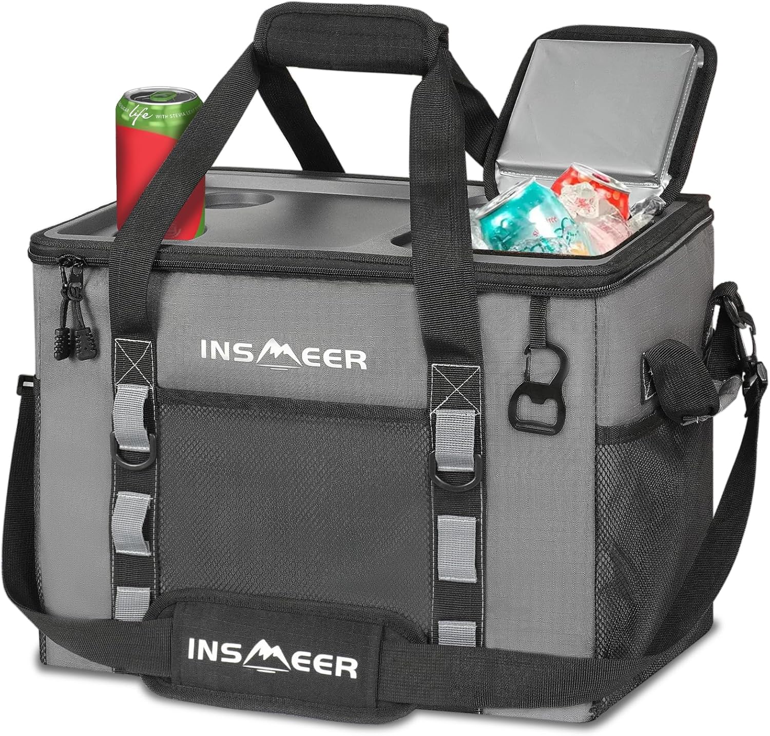 Insmeer Bolsa Termica Grande de Capota Rígida com 2 Porta-Copos, Saco Refrigerador Dobrável - 70 Latas, À Prova de Vazamentos/Portátil Cooler Termico para Praia, Acampamento, Churrasco, Eventos