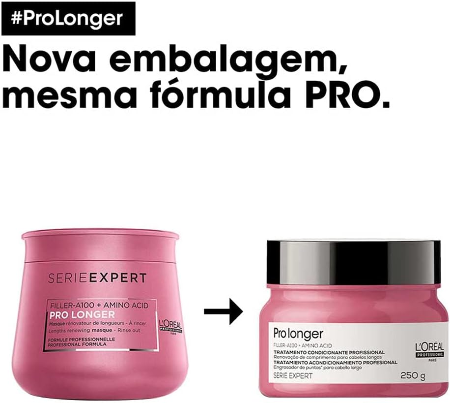 Destaca os diferenciais técnicos como Filler-A100, aminoácidos e promessa de preenchimento das pontas.