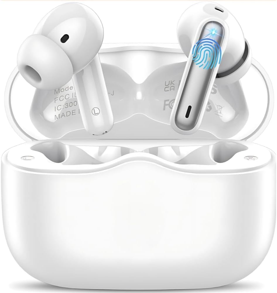 Fone de Ouvido Bluetooth 5.4, com Borrachinhas, Compatível com Todo Celular, Cancelamento Ruído, Bateria 16 Horas, Microfone, Controle Touch, Resistente a Agua, Cabo de Carregamento - Linha Premium
