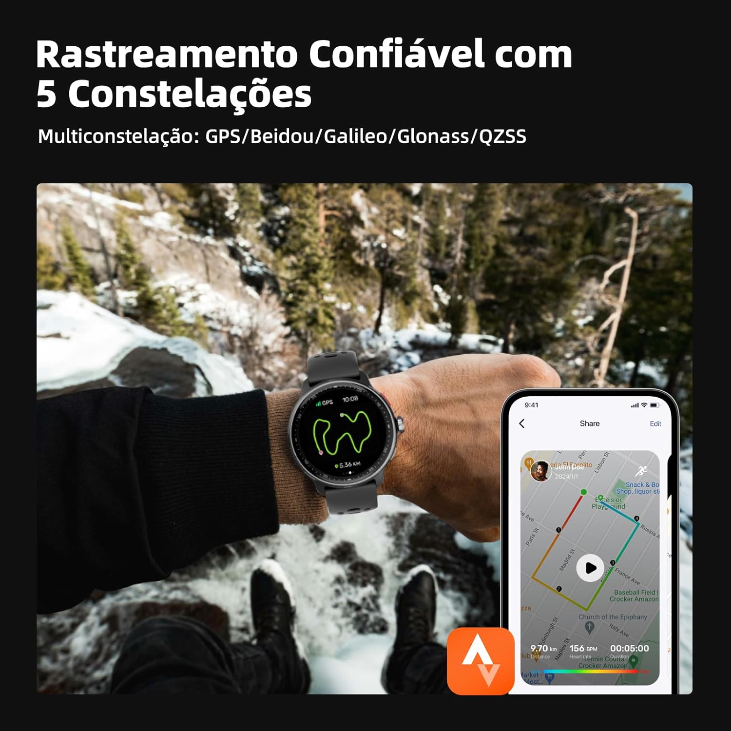 Destaca o perfil do smartwatch, o formato da caixa e a percepção de conforto/porte no pulso.