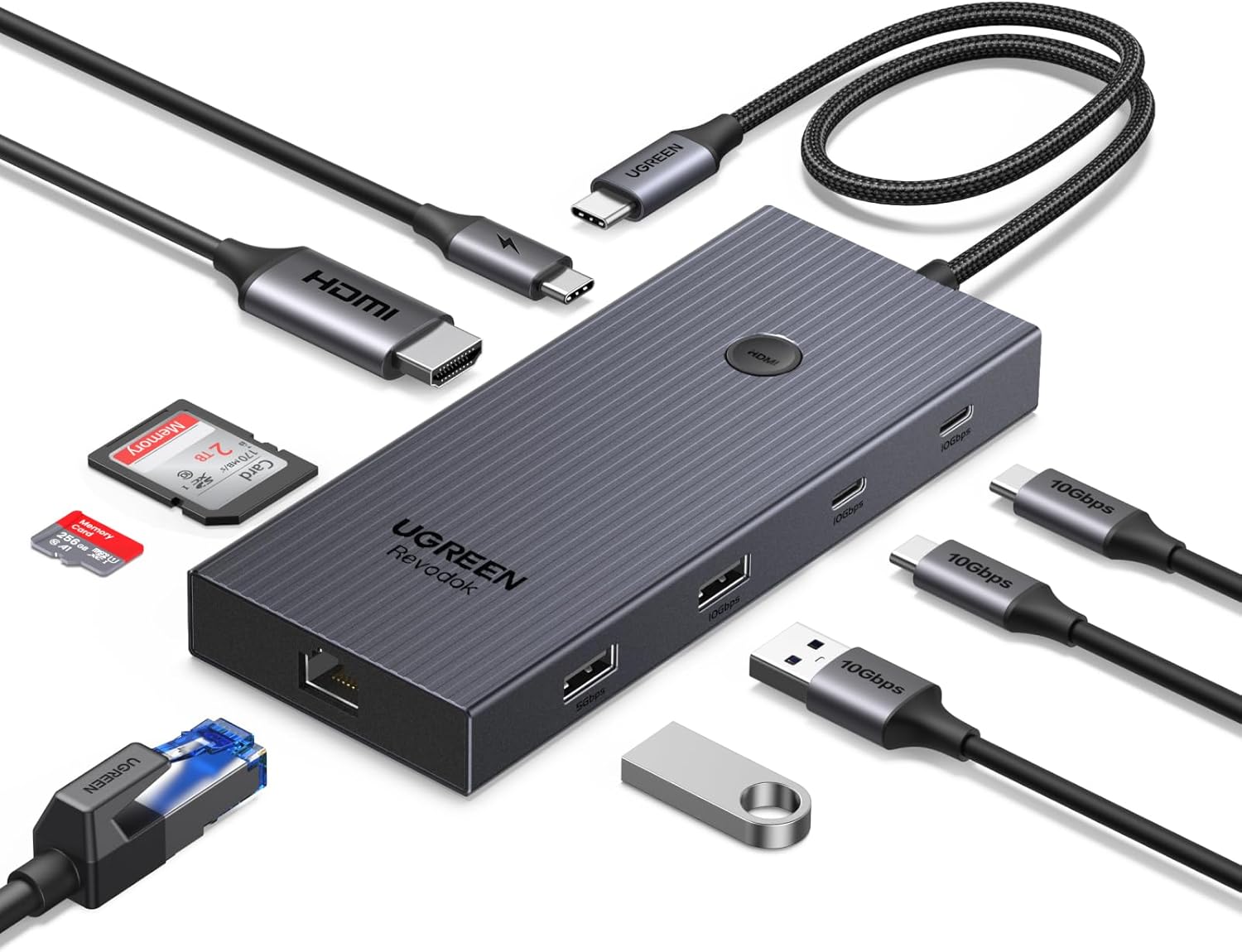 Ugreen Revodok Pro Hub USB-C 9 Em 1, Adaptador Multiportas com Hdmi 4K@60Hz, 2 USB-C 3.2, USB-A 3.2 e 3.0, Leitor Sd/Tf 170Mb/S, Rj45, Pd 100W, Compatível com Macbook Air/Pro, Ipad Pro, Steam Deck