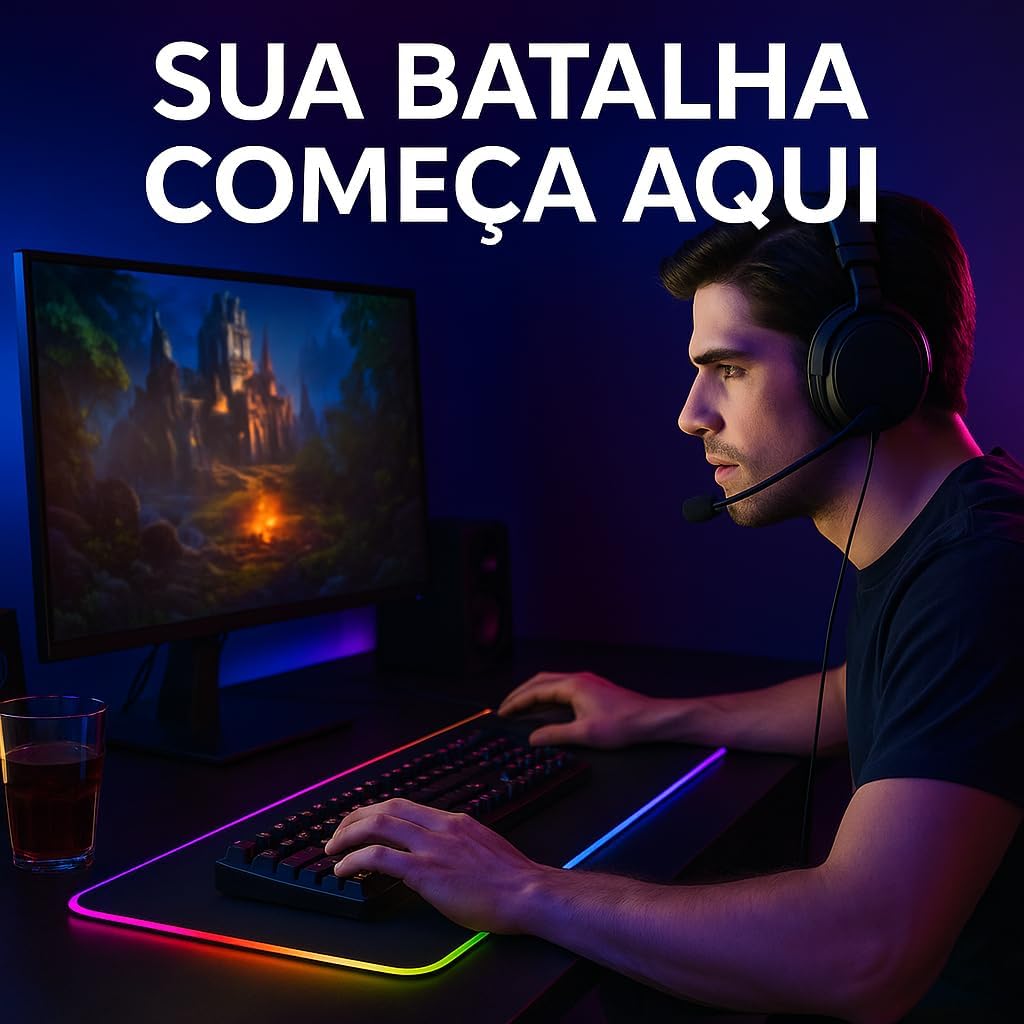 Mostra a integração com o setup e reforça o efeito decorativo do RGB no ambiente.