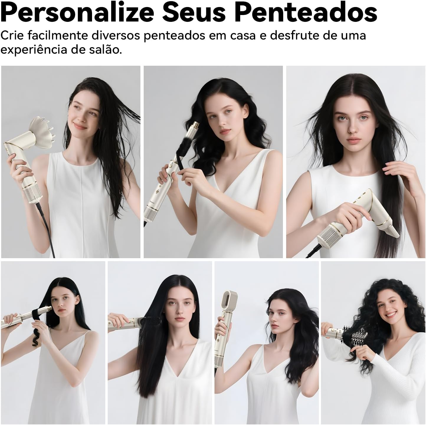 Evidencia o uso real do kit na rotina de secar e modelar, reforçando a proposta de salão em casa.