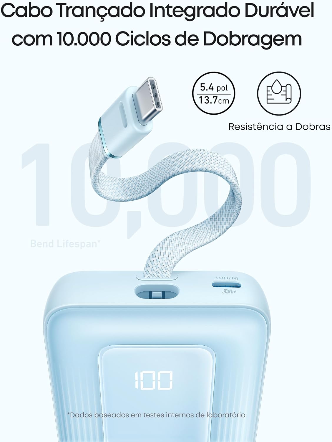 Destaca conectividade USB-C e estrutura do produto para uso diário.