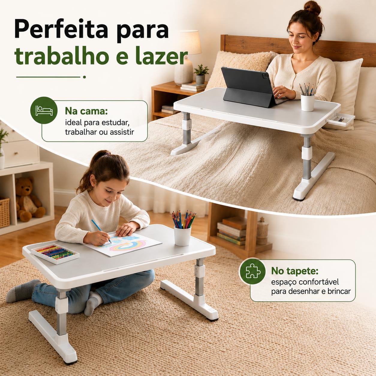 Mostra a finalidade prática do produto no dia a dia, principalmente para cama e sofá.