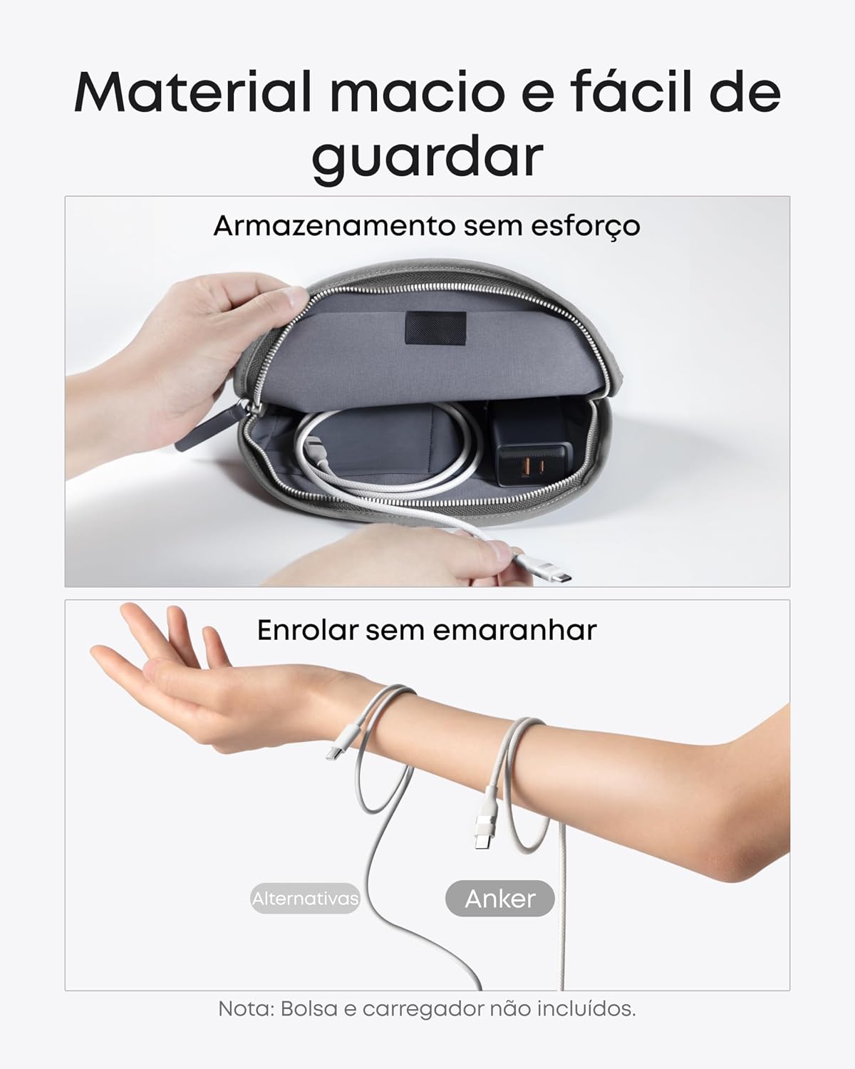 Evidencia acabamento, toque suave e a construção do cabo, que são pontos fortes da proposta do produto.