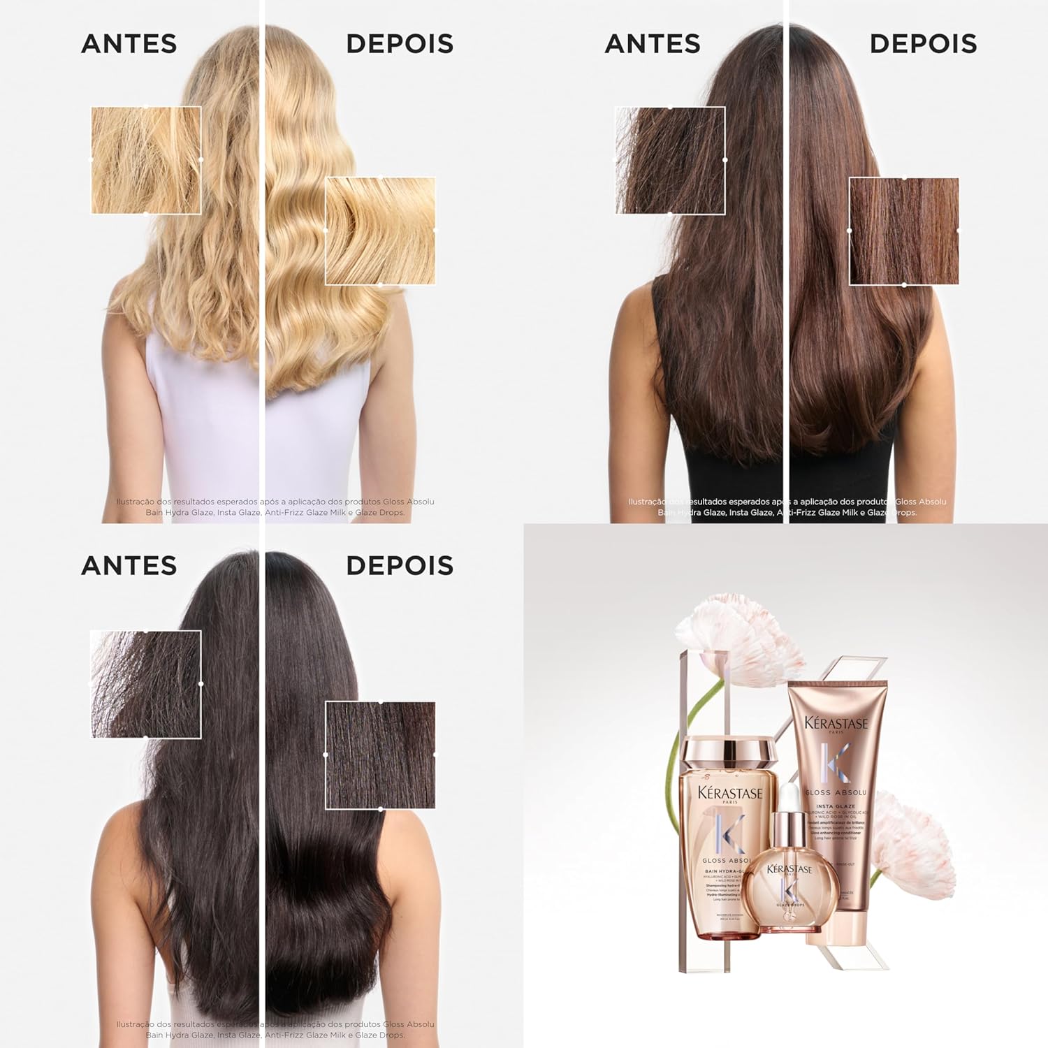 Destaca informações de linha, fórmula e apelo de brilho/antifrizz.