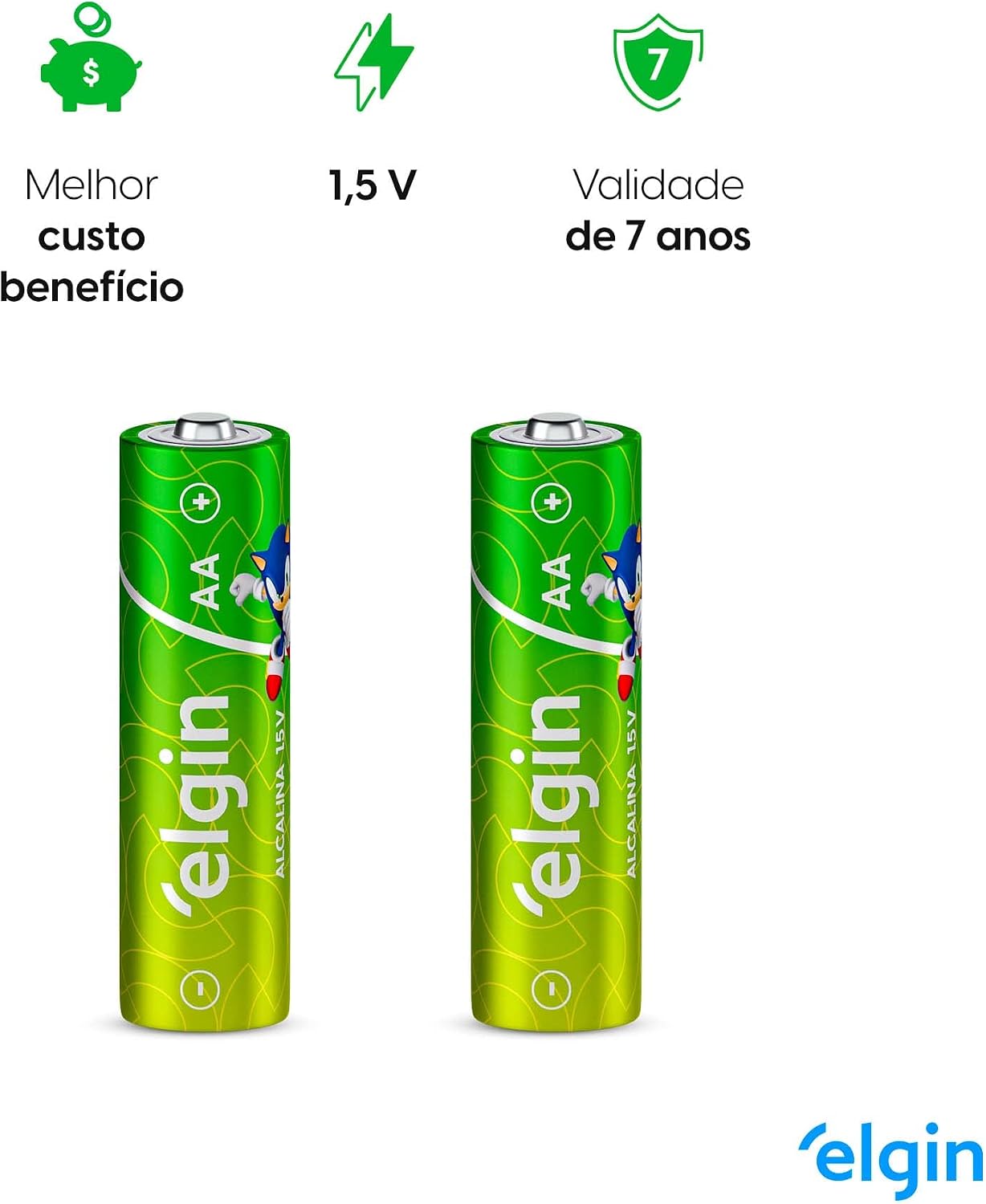Evidencia o padrão AA, a marcação do produto e o acabamento das pilhas.