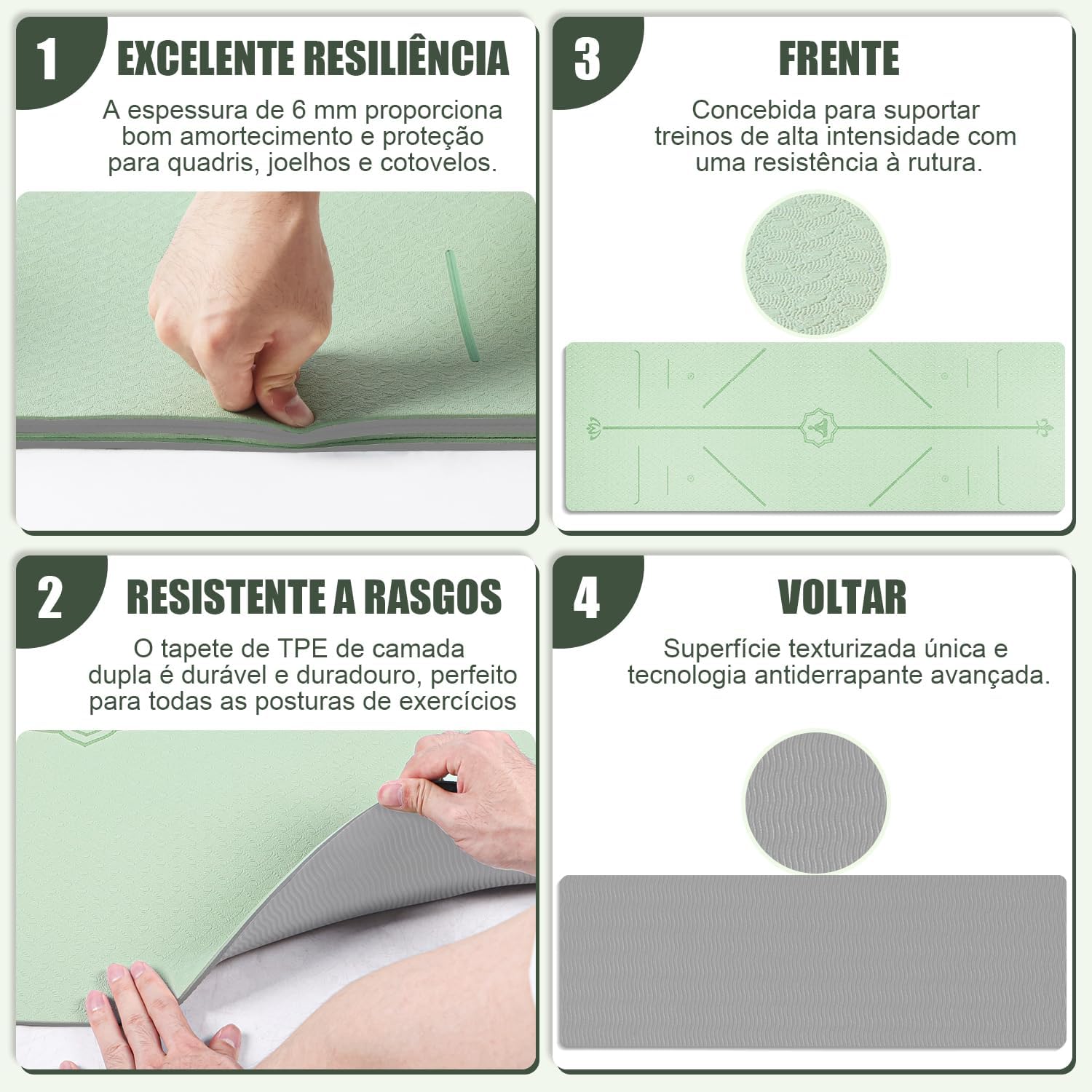 Serve para mostrar a textura antiderrapante e o acabamento em TPE, sugerindo aderência e durabilidade.
