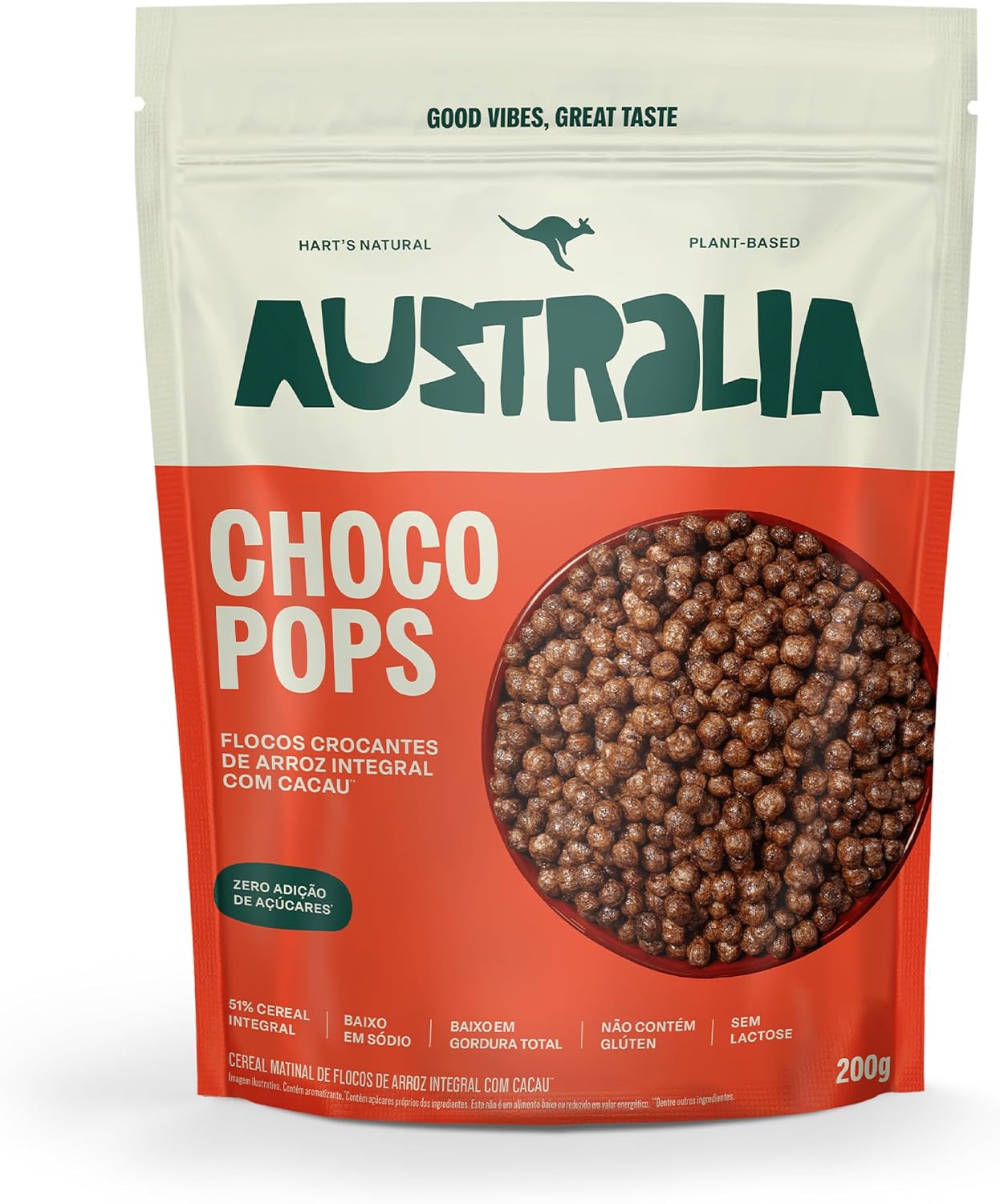 Hart's Natural Chocopops Australia Chocolate | Cereal Matinal sem Adição de Açucar, sem Glúten, sem Lactose, Vegano | 100% Natural | Alto Em Fibras | 200G