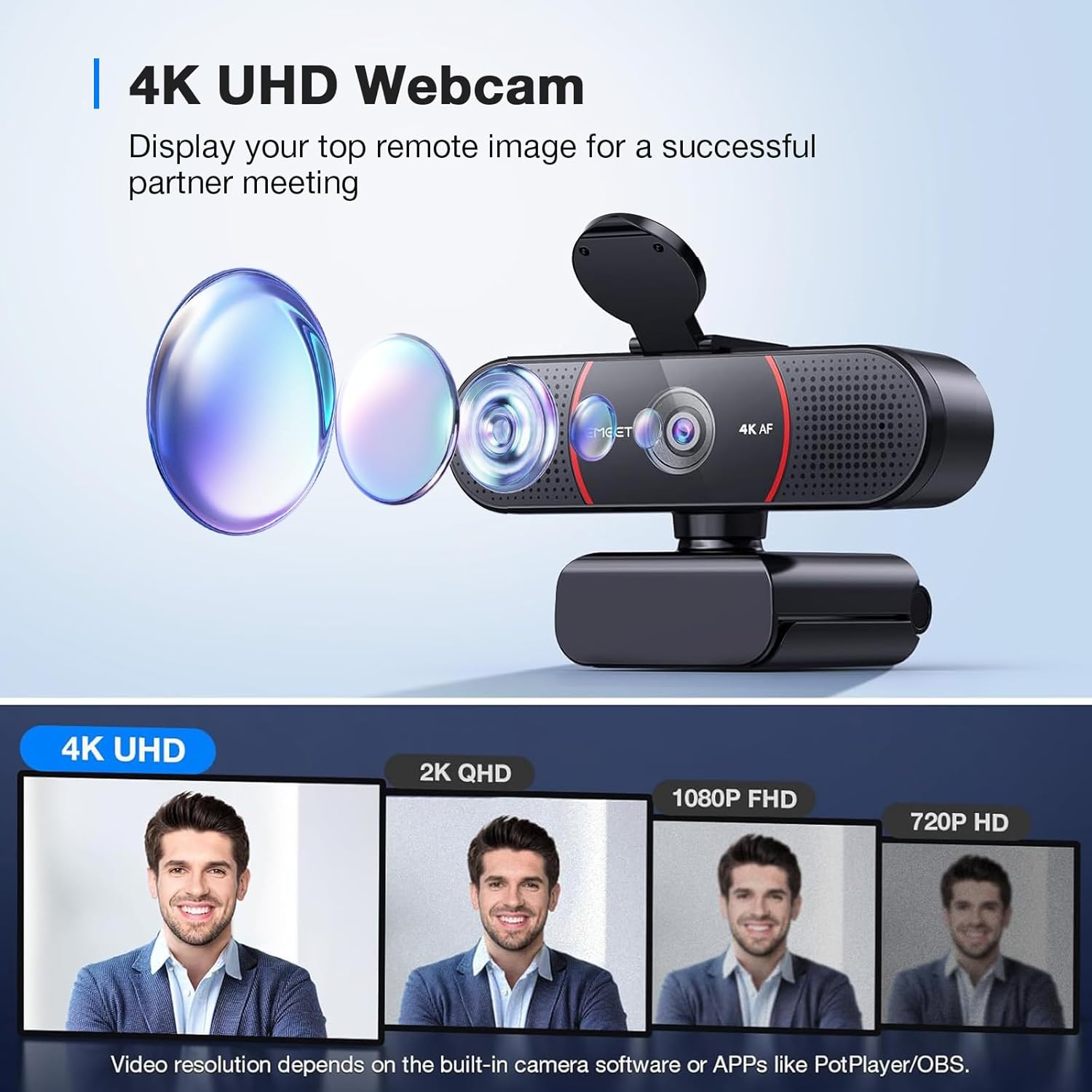 Destaca o formato físico, o encaixe em telas e a construção do corpo da webcam.