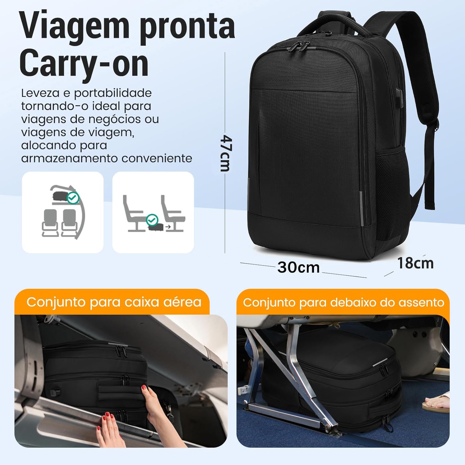 Ajuda a comunicar a capacidade interna e o porte da mochila de 45 litros.