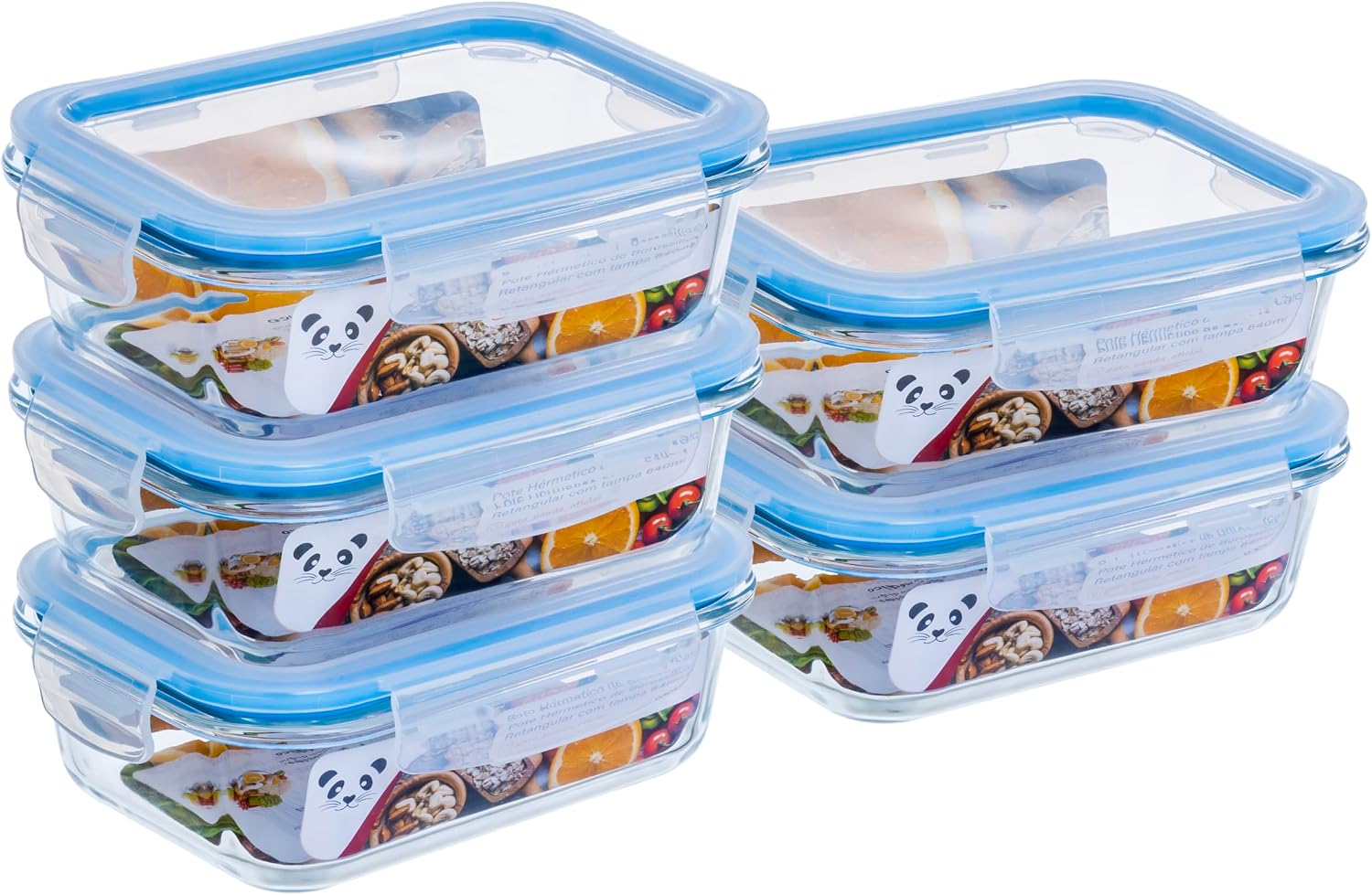 Kit com 5 Potes de Vidro Gato Panda, 640 Ml, Retangular, com Tampa Hermética, Azul