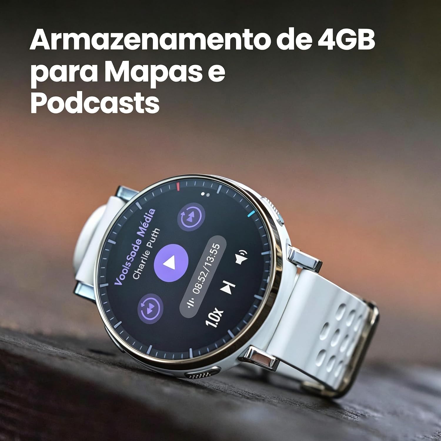 Mostra como o smartwatch fica no braço e reforça conforto, tamanho e presença visual.